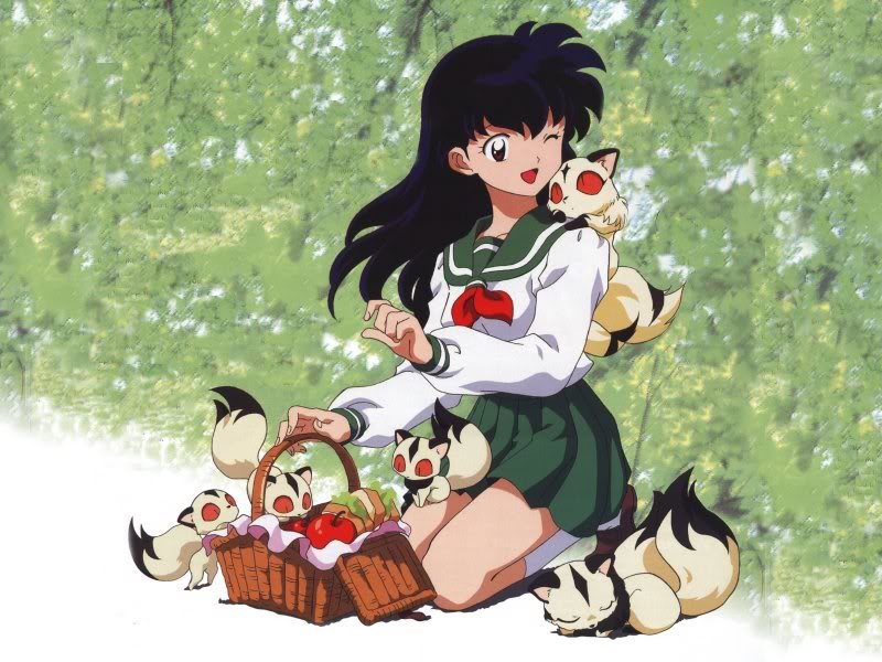 1girls artist_request basket black_hair brown_eyes clothed clothes feline female feral food footwear fully_clothed higurashi_kagome interspecies inuyasha kagome_higurashi kirara kneeling long_hair one_eye_closed open_mouth outside photo_background picnic school_uniform schoolgirl seifuku serafuku shirt shoes skirt smile socks white_socks wink