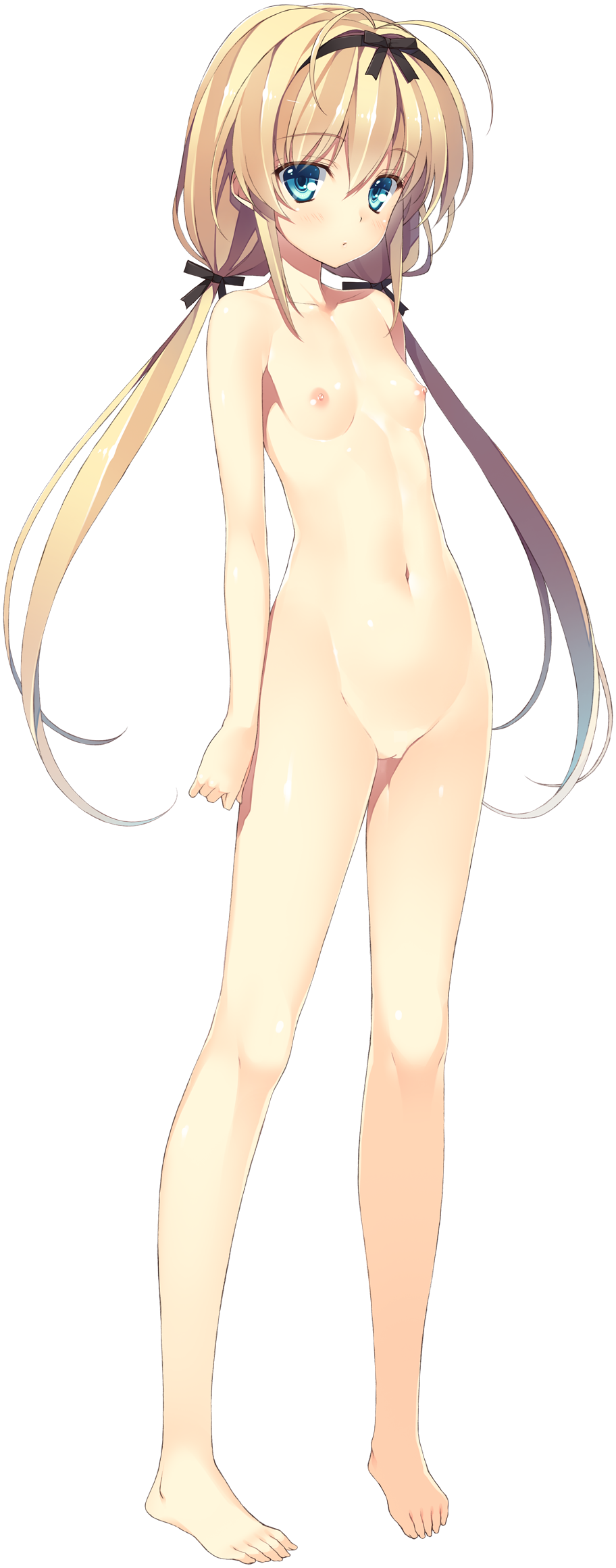 bare_legs barefoot blonde_hair blue_eyes female full_body hair_ribbon highres juukishi_cutie_bullet low_twintails nude ribbon sara_tefal simple_background small_breasts solo tied_hair twintails white_background yuuki_hagure