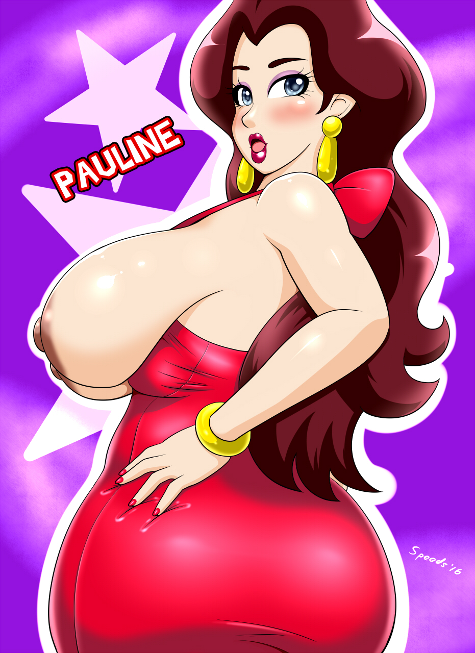 1girls ass auburn_hair big_ass big_breasts big_butt blue_eyes blush bracelet breasts breasts_out breasts_out_of_clothes butt dat_ass donkey_kong_(arcade) dress earrings eyeshadow female female_only fingernails hand_on_hip huge_ass huge_breasts huge_butt large_ass large_breasts light_skin lips lipstick long_hair mario_(series) nail_polish nintendo nipples open_mouth pauline purple_background side_view sideboob solo speeds teardrop_earrings wide_hips