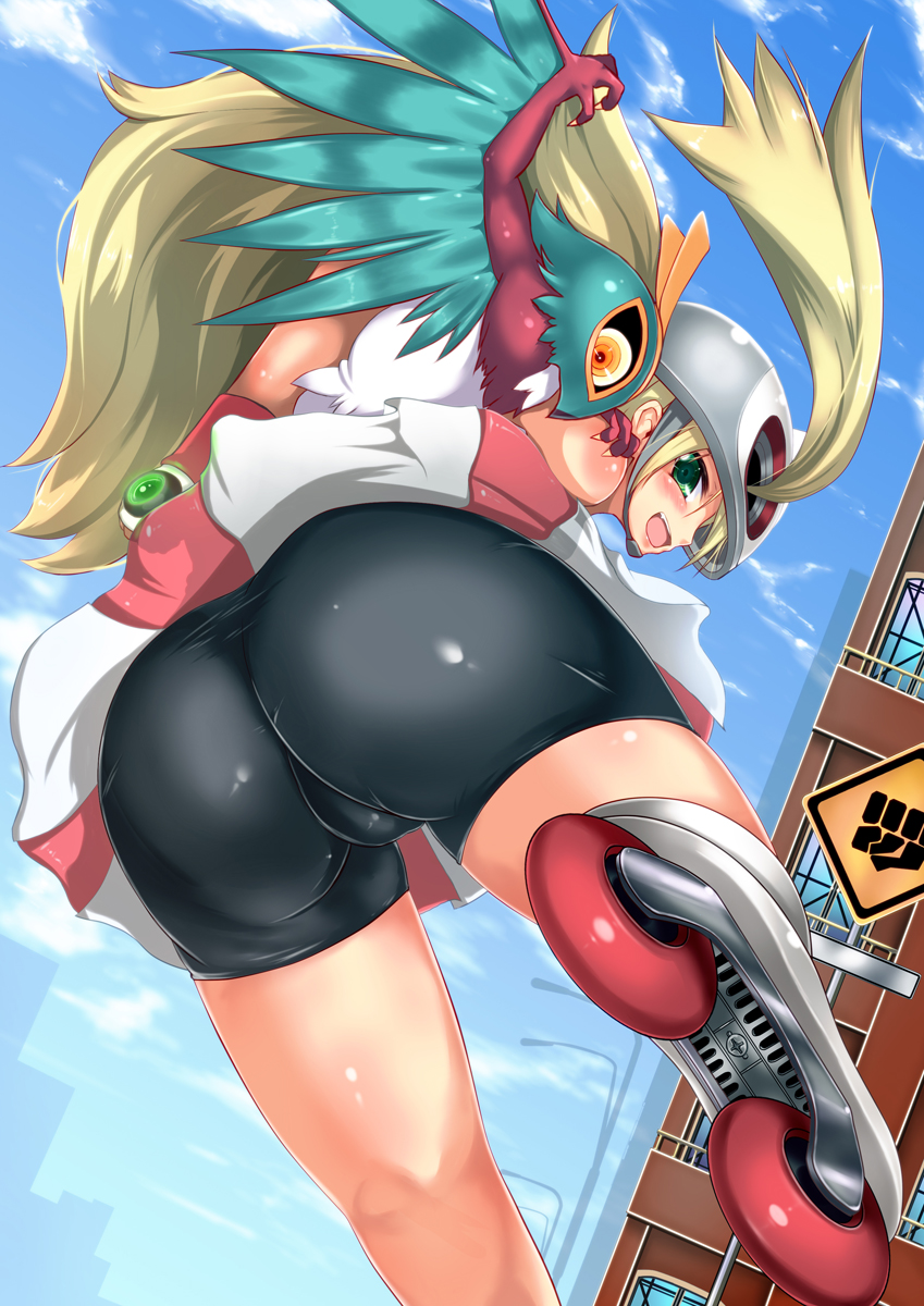 ass bike_shorts dat_ass hawlucha korrina_(pokemon) mini_skirt nintendo pokemon pokemon_xy tagme