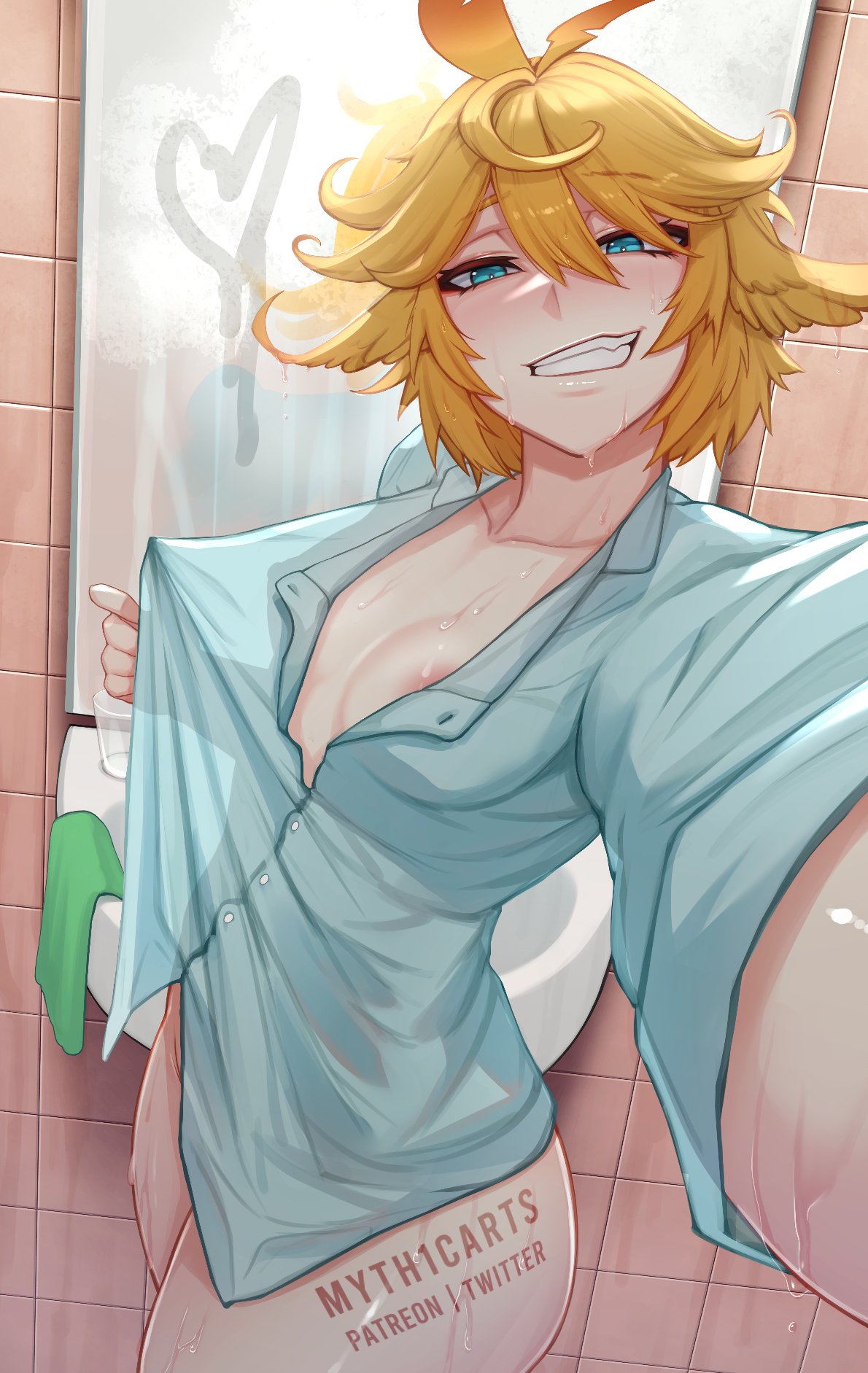 1girls areolae artist_name barely_clothed bathroom blonde_hair blue_eyes bottomless breasts collarbone dokibird female female_only heart_symbol indie_virtual_youtuber light-skinned_female light_skin medium_hair myth1c myth1carts nipple_slip nipples no_bra no_panties selfie sharp_tooth shirt_only showing_breasts small_breasts smile solo teeth tile_wall virtual_youtuber visible_areolae wet_body