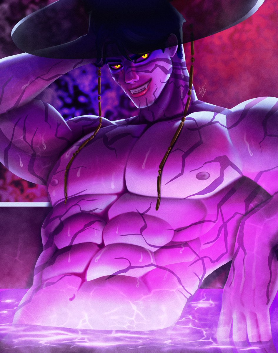 1boy, big pecs, demon boy, fangs, jinu (kpop demon hunters), kpop demon hunters, male, male only, meakrogue, muscular, muscular male, purple skin, saja boys, solo, solo focus, solo male, sony pictures animation, yellow eyes