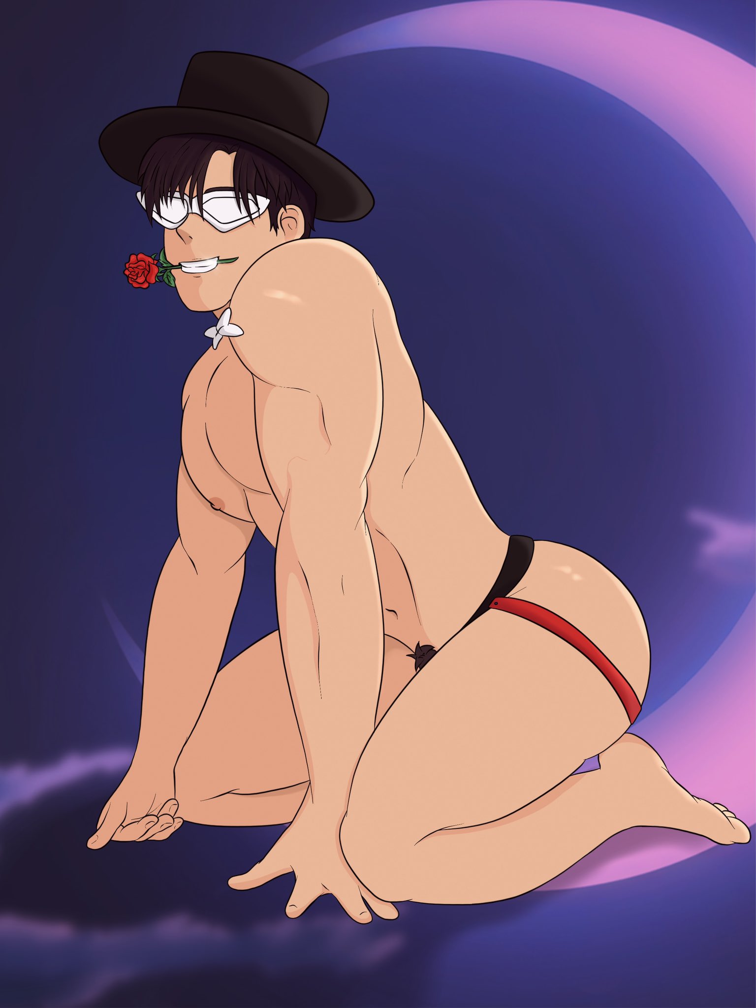 ailurushearts bishoujo_senshi_sailor_moon flower jockstrap jockstrap_only male male_only mamoru_chiba pubic_hair solo_male tuxedo_mask underwear underwear_only