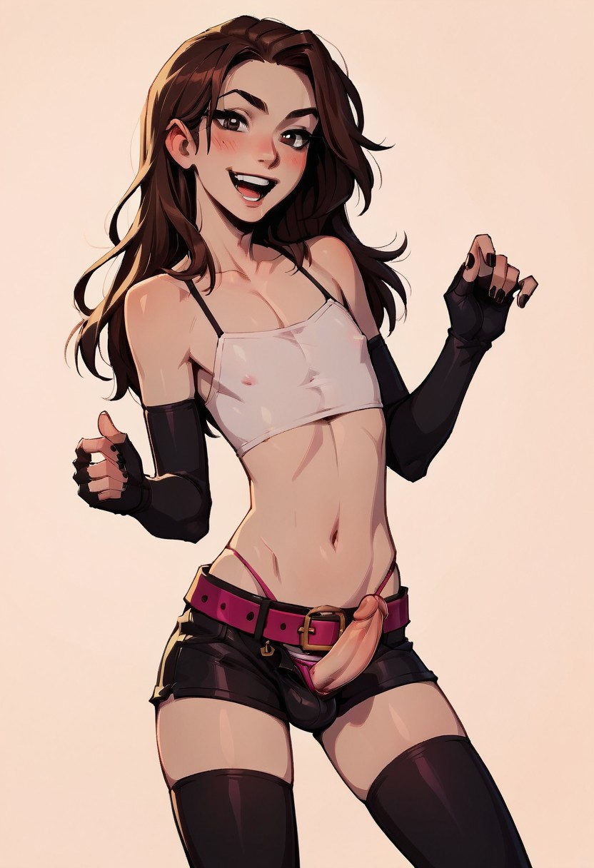 ai_generated brown_eyes brown_hair civitai crop_top elbow_gloves femboy fingerless_gloves long_hair original penis pink_belt pink_panties shorts thighhighs