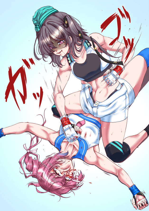 2girls abs adapted_costume aqua_hat blood blood_on_face blue_background catfight commission elbow_pads fingerless_gloves garrison_cap gloves gradient_background grey_hair hat i-168_(kantai_collection) kantai_collection long_hair lying mixed_martial_arts mma_gloves multiple_girls pixiv_commission punching red_hair santos scamp_(kantai_collection) shorts sports_bra straddling white_shorts