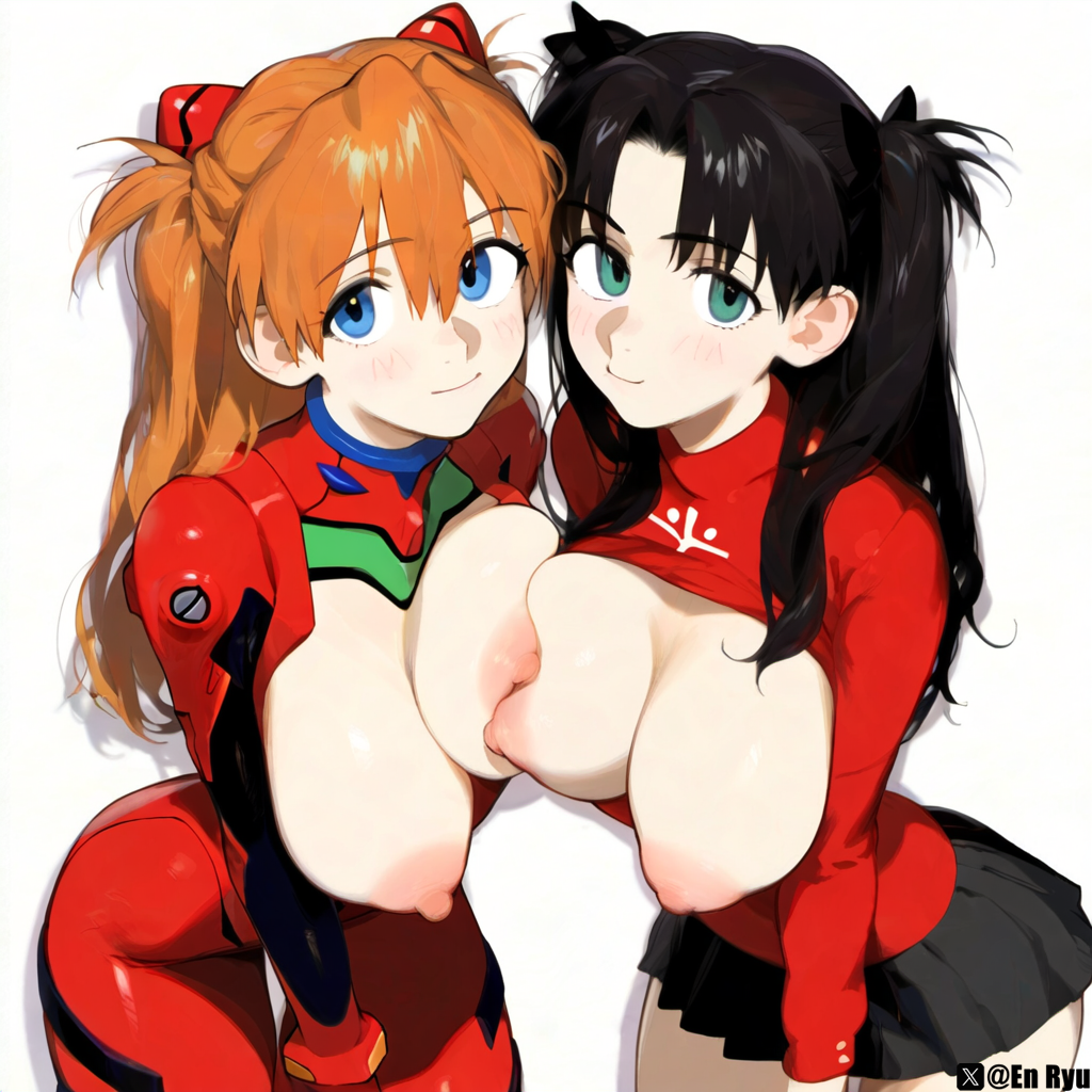 2girls artist_name artist_request asuka_langley_sohryu blue_eyes bodysuit dark_hair fate/stay_night fate_(series) female_only neon_genesis_evangelion red_hair tohsaka_rin tsundere younger_female