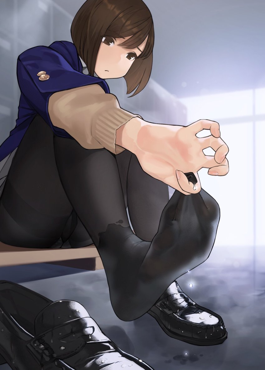 1girl, black pantyhose, black shoes, blazer, blue jacket, bob cut, brown eyes, brown hair, commentary request, feet, female focus, fingernails, highres, indoors, jacket, loafers, long sleeves, miru tights, moegi homi, pantyhose, school uniform, seiza, shoes, short hair, sitting, solo, thighband pantyhose, wet, wet clothes, wet pantyhose, yomu (sgt epper)