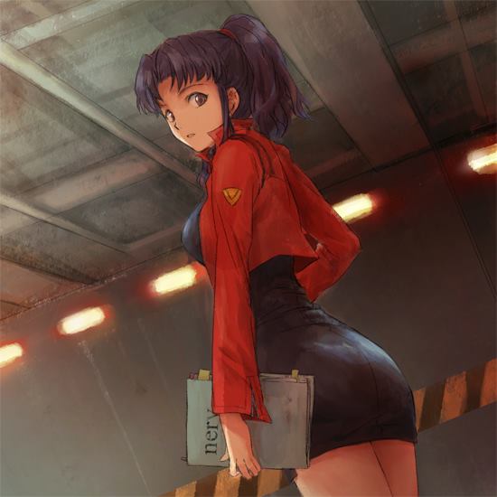 1girls bangs bare_shoulders blush breasts brown_eyes exposed_breasts female female_only fully_clothed long_hair looking_at_viewer misato_katsuragi necklace neon_genesis_evangelion nipples no_bra parted_bangs pendant purple_hair smile solo solo_female standing