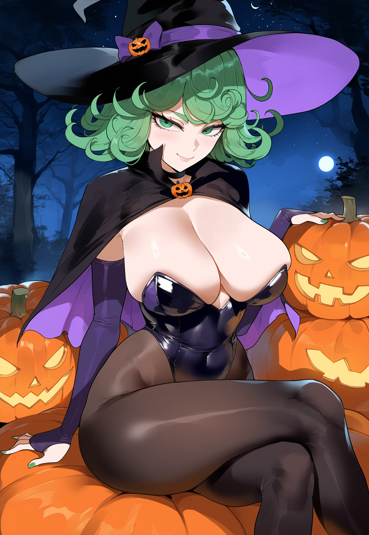 1girls, ai generated, breasts, cleavage, creamy ai, crossed legs, curvy, female, green eyes, green hair, halloween, halloween costume, highleg leotard, jack-o'-lantern, large breasts, leotard, night, one-punch man, pantyhose, pumpkin, sitting, solo, tatsumaki, thick thighs, wide hips, witch, witch costume, witch hat