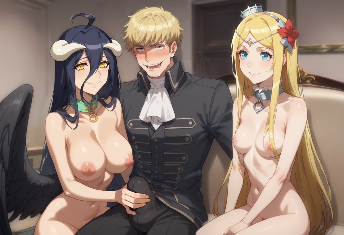 1boy, 2girls, ai generated, albedo (overlord), black hair, blonde hair, blue eyes, blush, breasts, bulge, erection under clothes, fdpdablizzard998, female, handjob, long hair, male, nipples, nude, overlord (maruyama), philip (overlord), philip dayton l'eyre montserrat, renner theiere chardelon ryle vaiself, small breasts, wings, yellow eyes