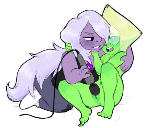 amethyst (steven universe), cartoon network, cute, female, gem (species), holding, long hair, peridot (steven universe), smooth skin, steven universe, vibrator