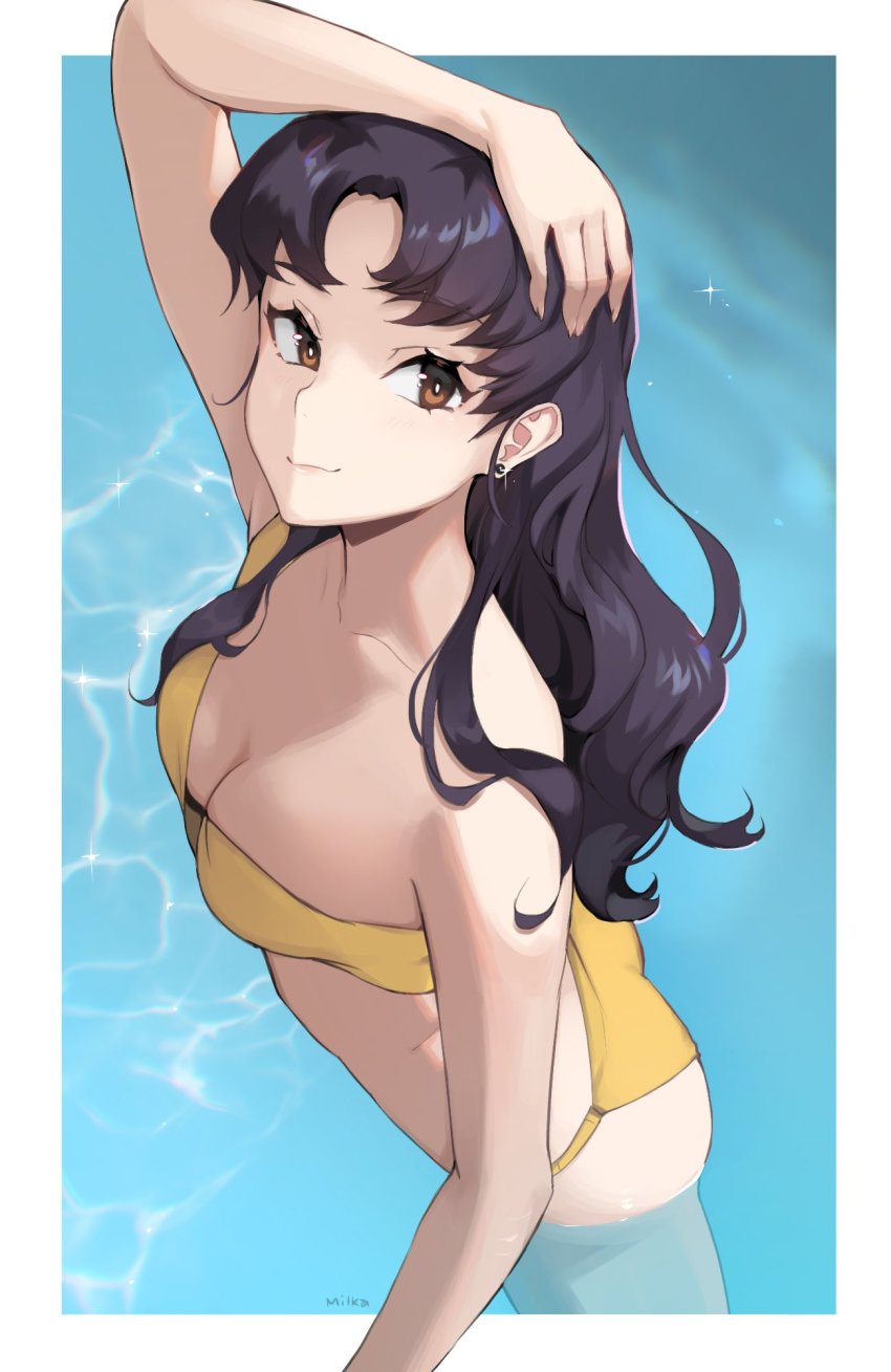 bangs, bare shoulders, bikini, blush, breasts, brown eyes, exposed breasts, female, female only, long hair, looking at viewer, misato katsuragi, necklace, neon genesis evangelion, nipples, no bra, parted bangs, pendant, purple hair, smile, solo, standing, swimsuit