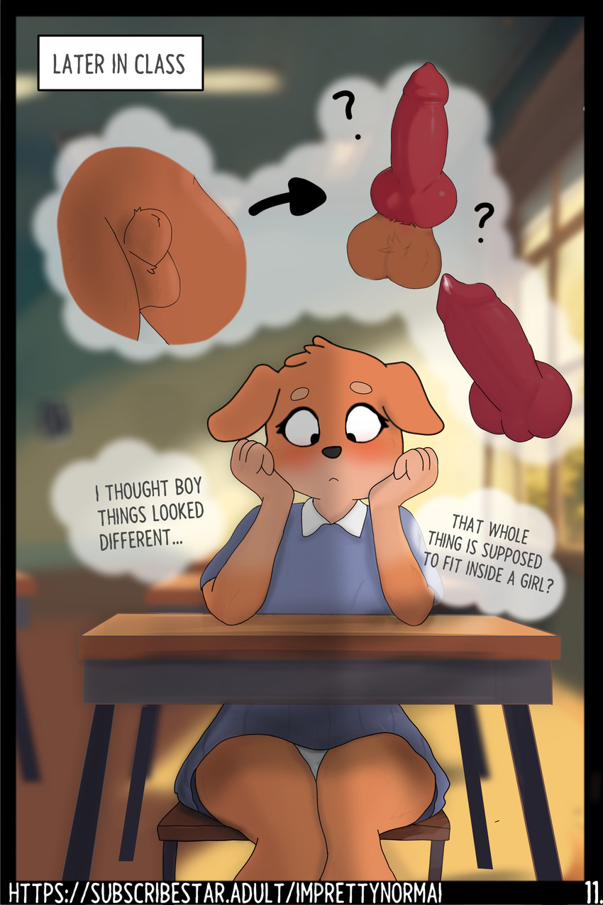 1girls, 2025, animal penis, anthro, anthro female, anthro only, anthro solo, blush, blushing, canid, canine, canine genitalia, canine penis, canis, cub, daydream, dog, dog girl, domestic dog, english, english text, erin (imprettynormai), eyebrows, eyelashes, female, female cub, fur, furry, furry female, furry only, imprettynormai, male, penis, school, solo, solo anthro, solo female, text, thinking, thinking about penis, url, young, young anthro, young female
