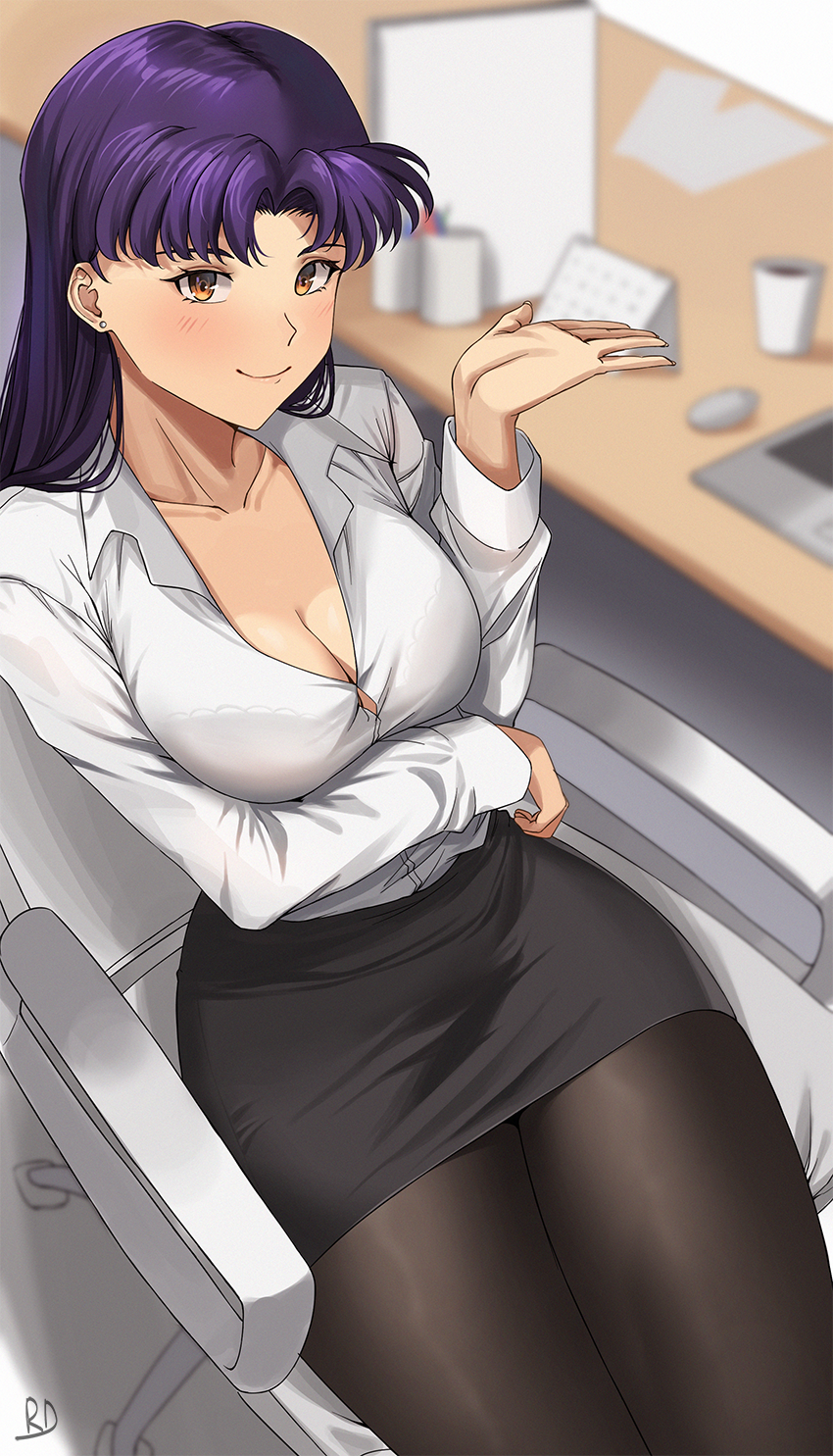 1girls bangs bare_shoulders blush breasts brown_eyes exposed_breasts female female_only fully_clothed long_hair looking_at_viewer misato_katsuragi necklace neon_genesis_evangelion nipples no_bra office office_lady parted_bangs pendant purple_hair ryudraw smile solo solo_female