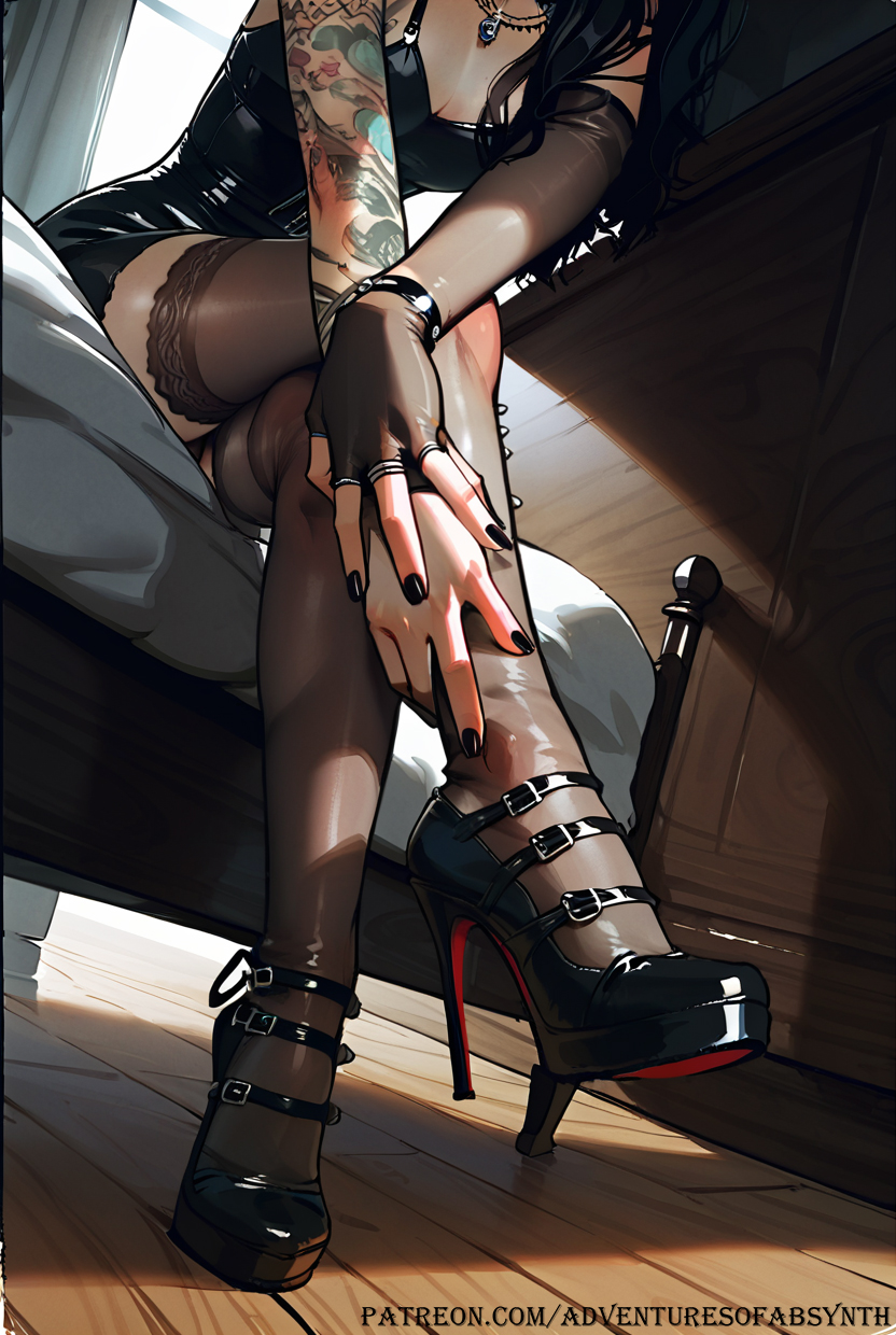 ai_generated black_hair futanari glove goth goth_girl piercings stiletto_heels stockings viewed_from_below