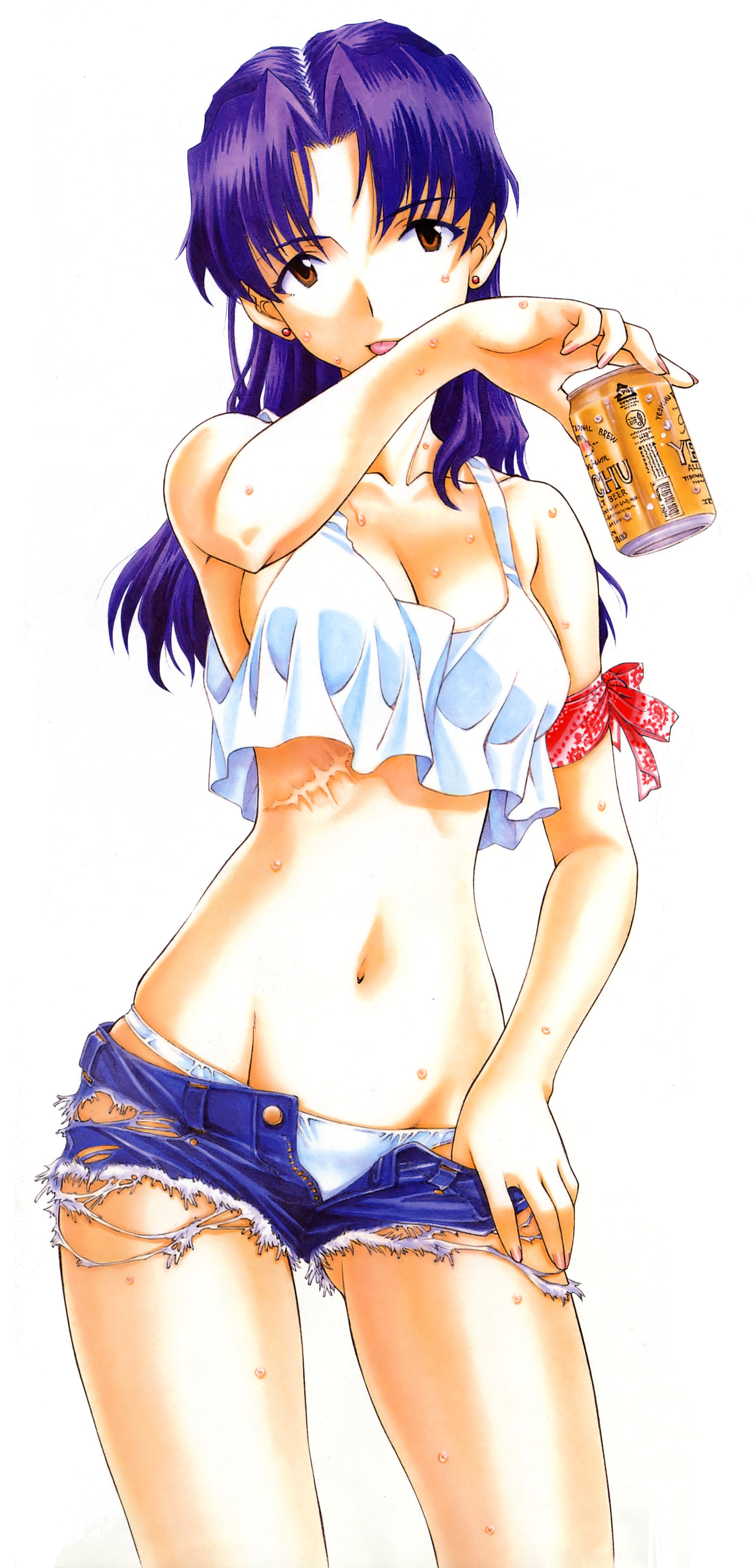 1girls, alcohol, bare legs, beer, breasts, brown eyes, clothing, female, female only, groin, large breasts, midriff, misato katsuragi, navel, neon genesis evangelion, panties, purple hair, scar, short shorts, shorts, solo, sweat, sweaty breasts, tank top, utatane hiroyuki
