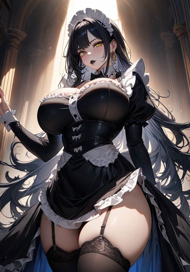 ai_generated big_breasts black_hair black_legwear black_lipstick black_stockings blush breasts cleavage curvy curvy_body curvy_female curvy_figure curvy_hips emotionless garter_straps goth goth_girl huge_breasts maid maid_headdress massive_breasts mature_female nyx_(starlightnex) original original_character pale-skinned_female pale_skin short_dress slim_waist starlightnex thick_hips thick_legs thick_lips thick_thighs very_long_hair wide_hips yellow_eyes