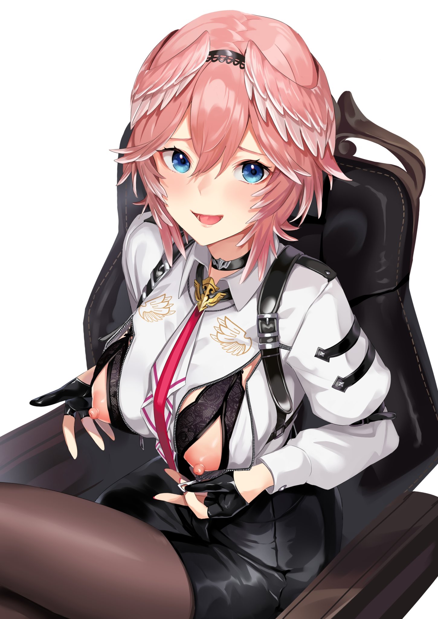1girls, arrow x666, bra, breast zipper, breasts, female, hololive, hololive japan, holox, looking at viewer, nipple zipper, nipples, solo, takane lui, virtual youtuber