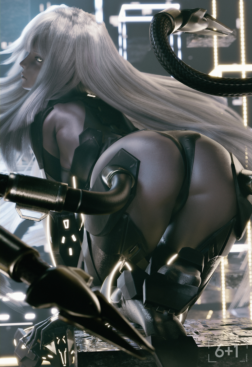 ass ass_focus big_ass dark-skinned_female dark_skinned_female female long_hair looking_at_viewer looking_back nier nier_reincarnation sixplusone white_hair yellow_eyes yurie_(nier)