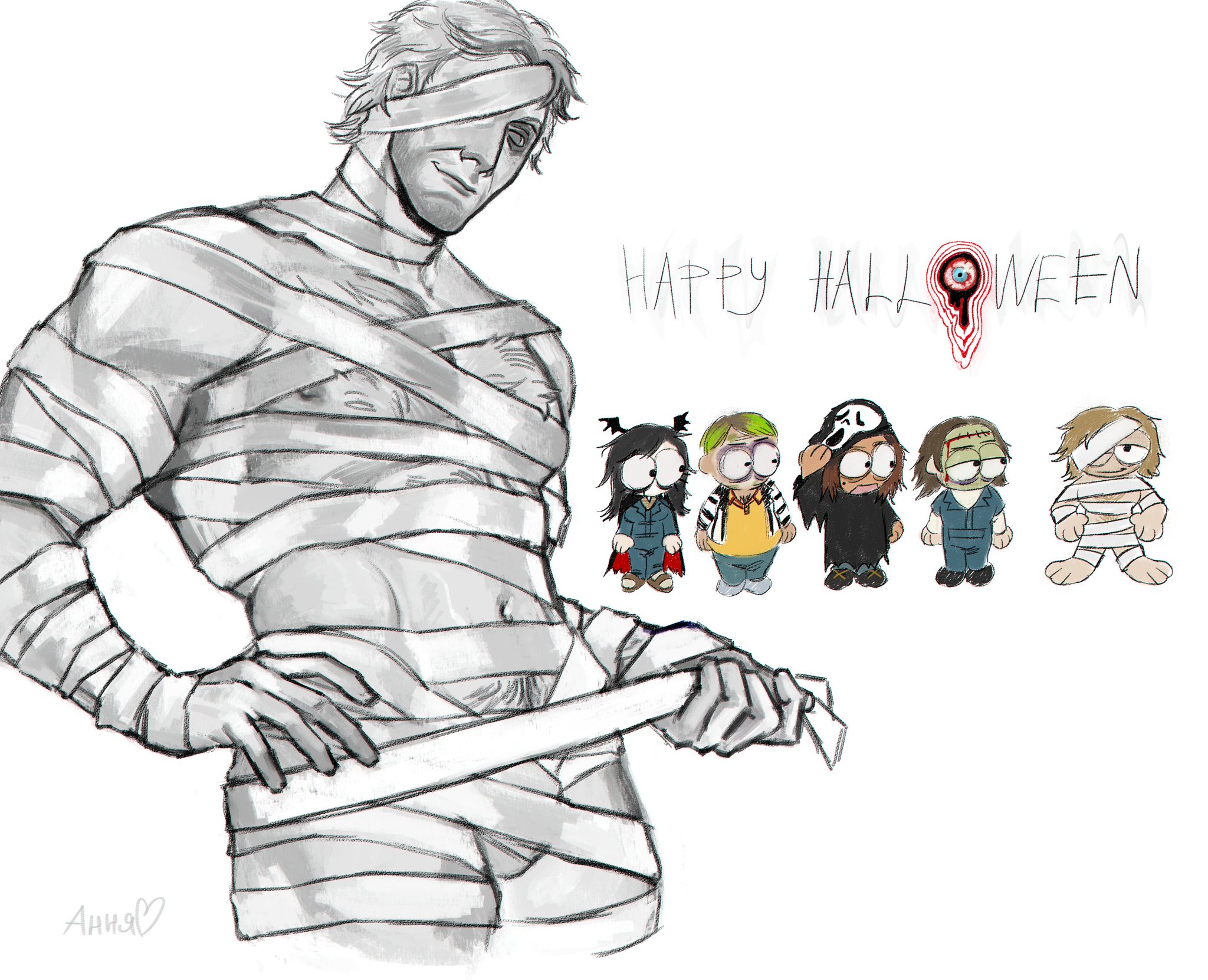 annya zombie, anya (mouthwashing), bandages, curly (mouthwashing), daisuke (mouthwashing), halloween costume, jimmy (mouthwashing), male, male focus, mouthwashing, swansea (mouthwashing)