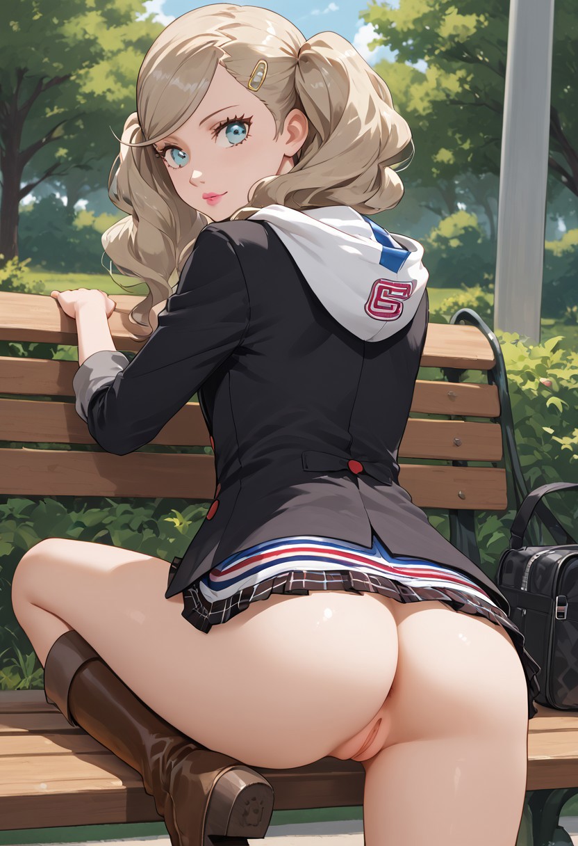 1girls ai_generated ann_takamaki park park_bench persona_5 presenting_pussy pussy solo solo_focus standing