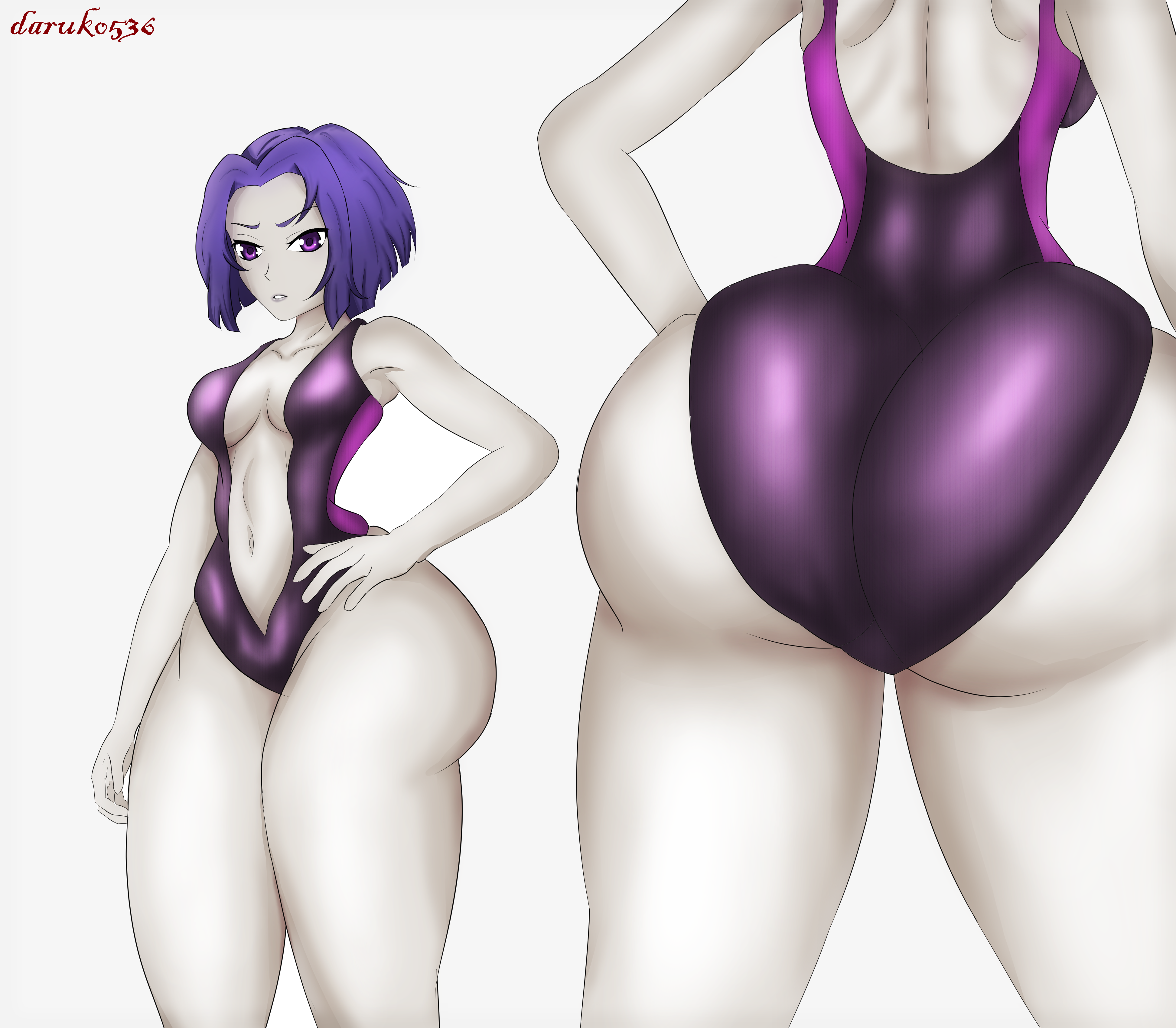1girls, artist name, ass, ass bigger than head, ass focus, back view, backboob, big ass, big butt, bottom heavy, breasts, cleavage, daruko536, dc, dc comics, fat, fat ass, female, grey skin, hand on hip, huge ass, inner sideboob, light skin, light-skinned female, lips, one piece swimsuit, pale skin, pale-skinned female, purple eyes, purple hair, purple swimsuit, rachel roth, raven (dc), sideboob, straight hair, superheroine, swimsuit, teen titans, teenager, thick ass, thick legs, thick thighs, tight clothing, tight fit