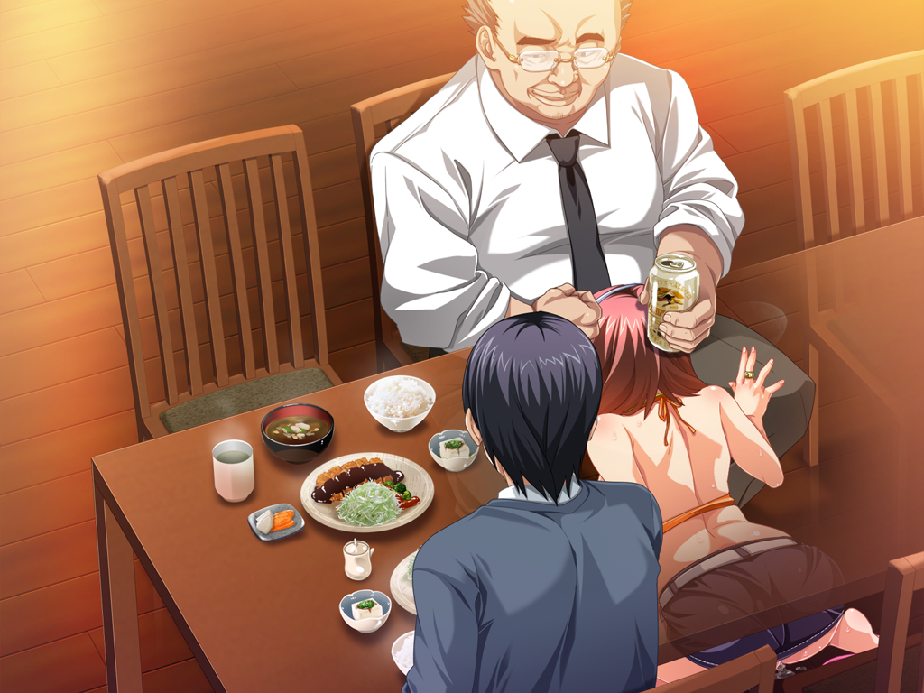 2boys arched_back asaoka_genzo ass back bare_arms bare_legs bare_shoulders beer beltskirt black_skirt brown_hair can chair cheating clothes cup denim_skirt fat_man father-in-law_and_daughter-in-law fellatio female fish food game_cg glasses hair highres hinomoto_koharu indoors jean_skirt kedamono-tachi_no_sumu_ie_de kneeling legs looking_at_another multiple_boys netorare oral pin-point pussy_juice rice ring short_hair sitting skirt spread_legs stealth_sex sweat table takeda_hiromitsu thighs under_the_table wet wooden_floor x-ray