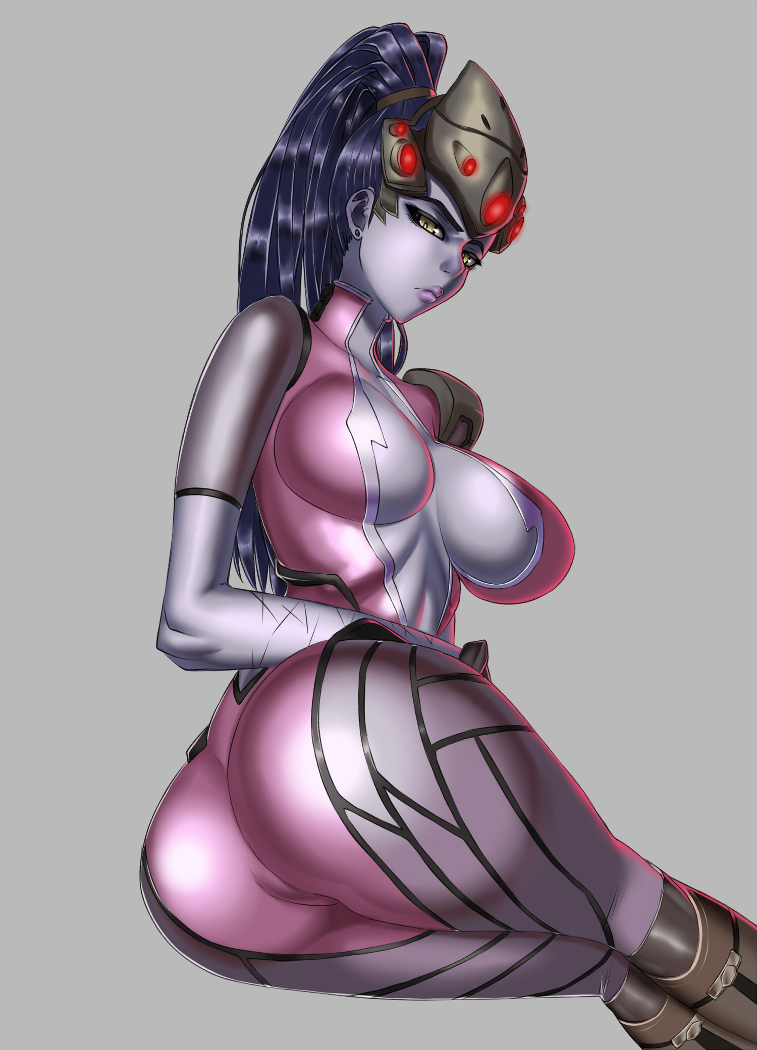 1girls, ass, blue hair, blue skin, bodysuit, breasts, burakku-ra, cleavage, female, female only, large breasts, overwatch, ponytail, sitting, solo, tied hair, widowmaker, yellow eyes