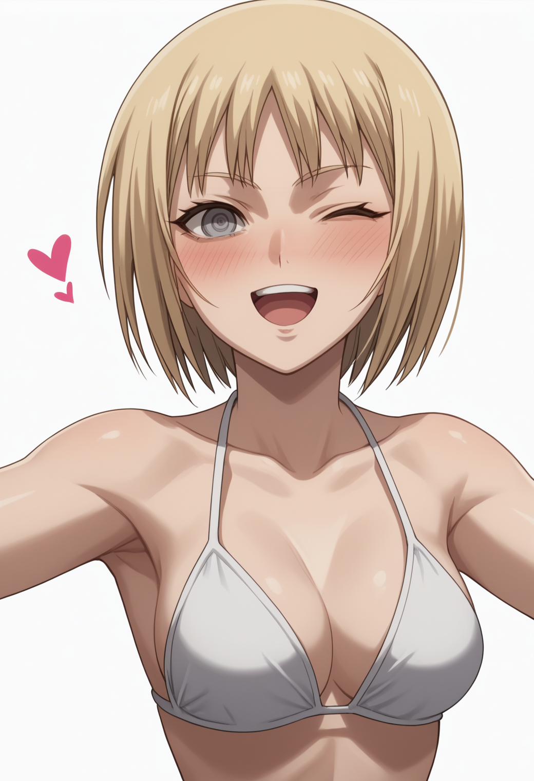 ai_generated blonde_female blonde_hair blush bra breasts clare_(claymore) claymore medium_breasts one_eye_closed pale-skinned_female pale_skin short_hair silver_eyes smile white_background white_bra