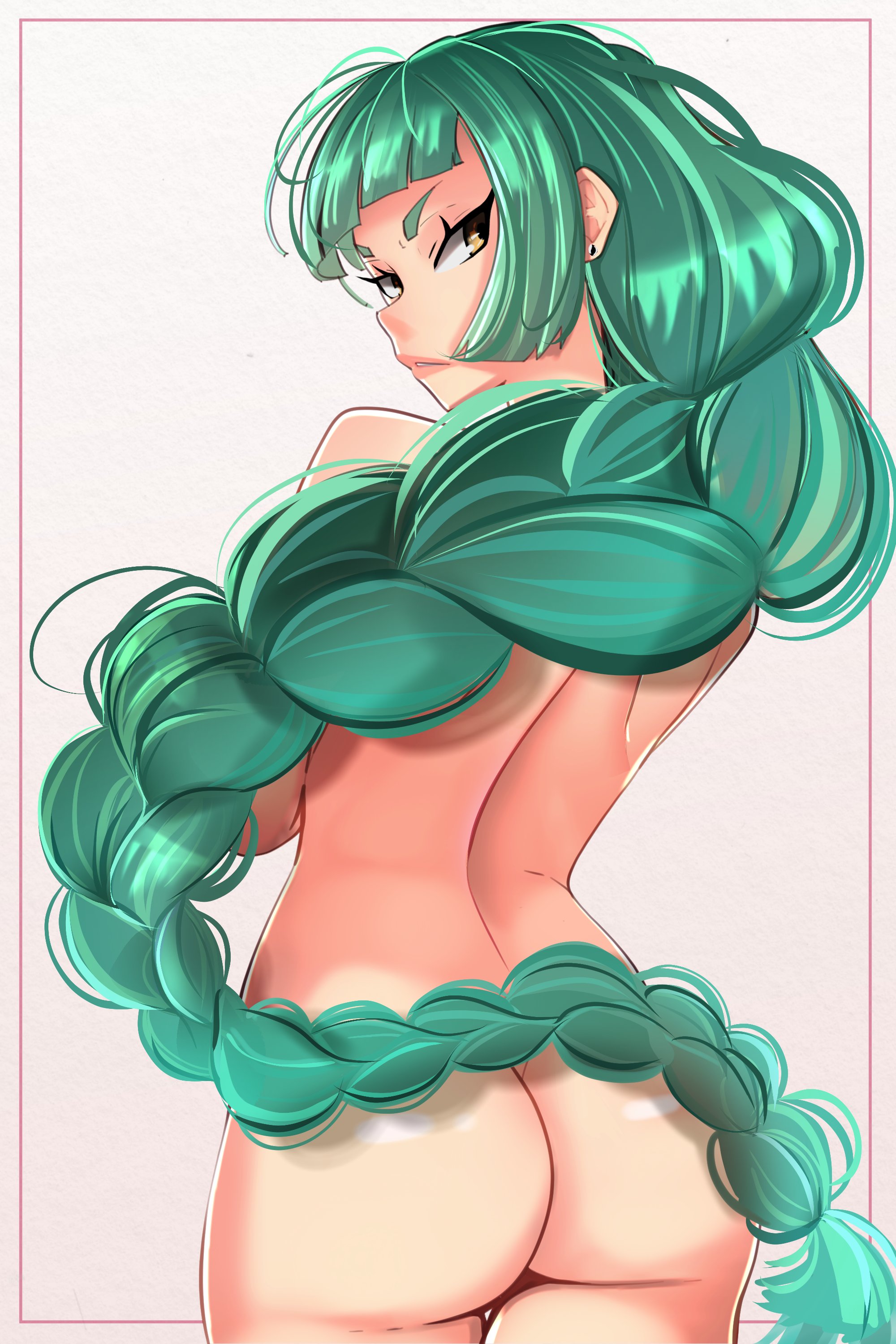 1girls, arms crossed, ass, blysill, braid, facing away, female, frown, green hair, harujio (pokemon), lebanne (pokemon), long hair, looking back, nintendo, nude, pokemon, pokemon legends: z-a