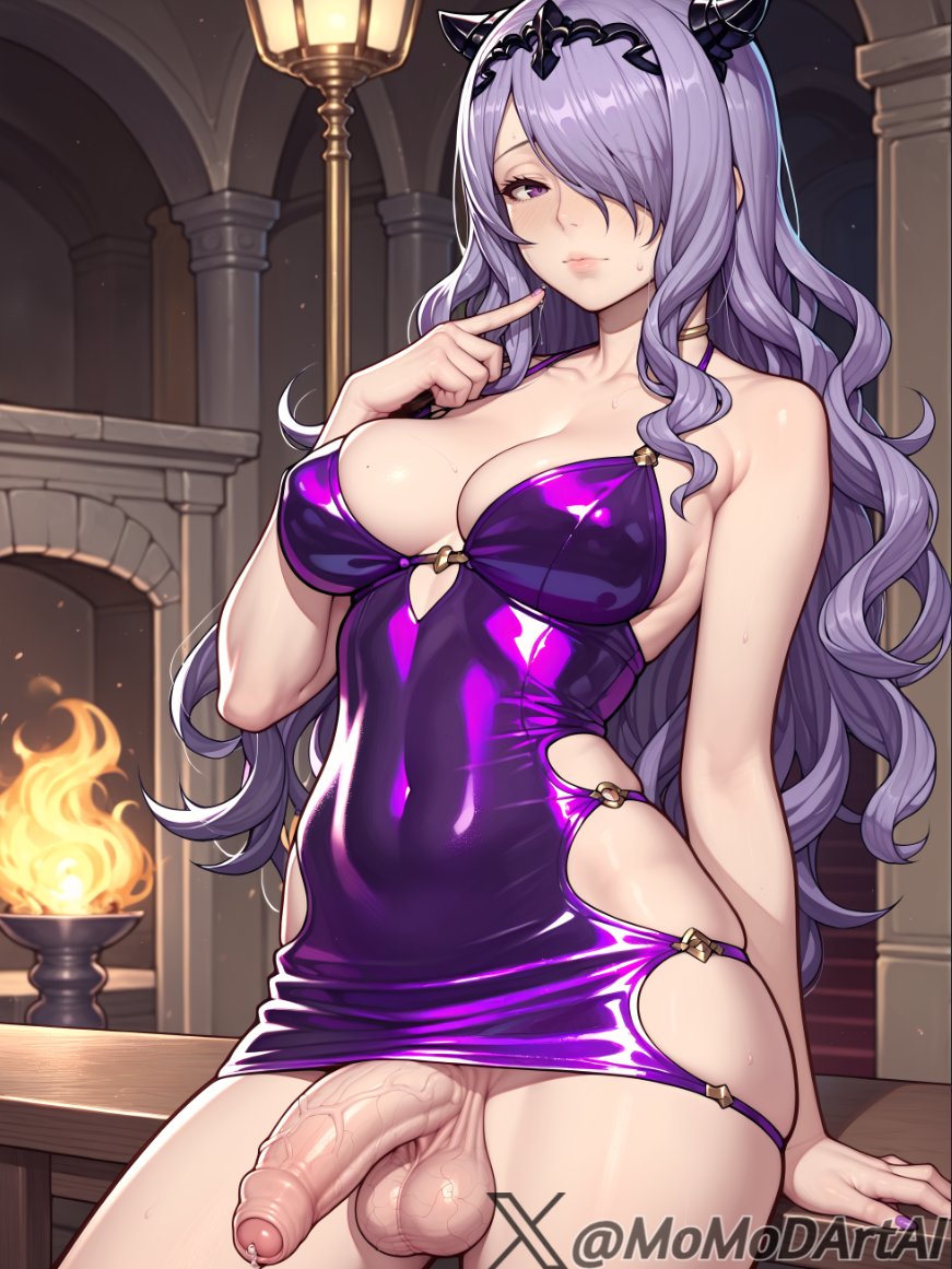 1futa ai_generated breasts camilla_(fire_emblem) dress finger_to_mouth fingernails fire_emblem foreskin futanari hair_over_one_eye lips long_hair looking_at_viewer momodart penis precum purple_eyes purple_hair purple_nails solo stable_diffusion tagme testicles tiara veins veiny_penis