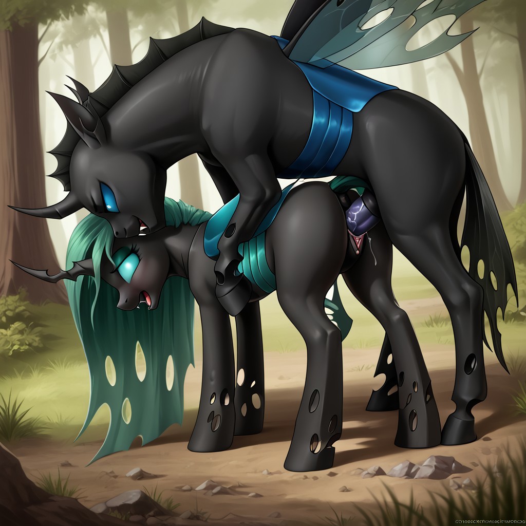 ai_generated balls changeling fangs female feral feral_on_feral feral_only friendship_is_magic furry hasbro hooves male my_little_pony penis pussy wings