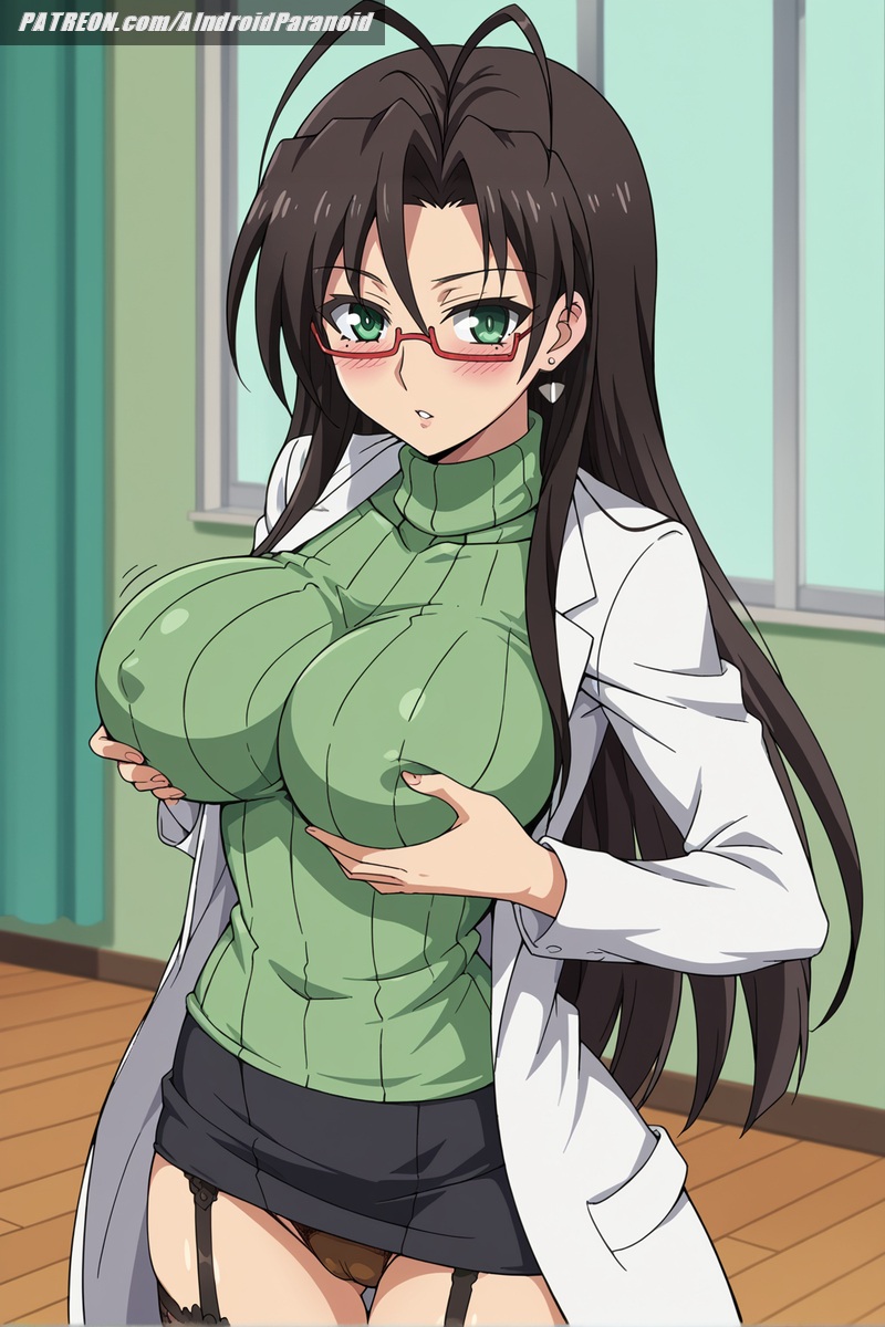 ai_generated aindroidparanoid ass big_breasts brown_hair busty cameltoe curvy fat_ass female female_only glasses grabbing_own_breast green_eyes hasegawa_chisato huge_breasts indoor lab_coat large_breasts long_hair massive_breasts narrowed_eyes nipples panties school shinmai_maou_no_testament skirt slim_waist squeezing_breast stable_diffusion straight_hair sweater teacher tight_clothing voluptuous