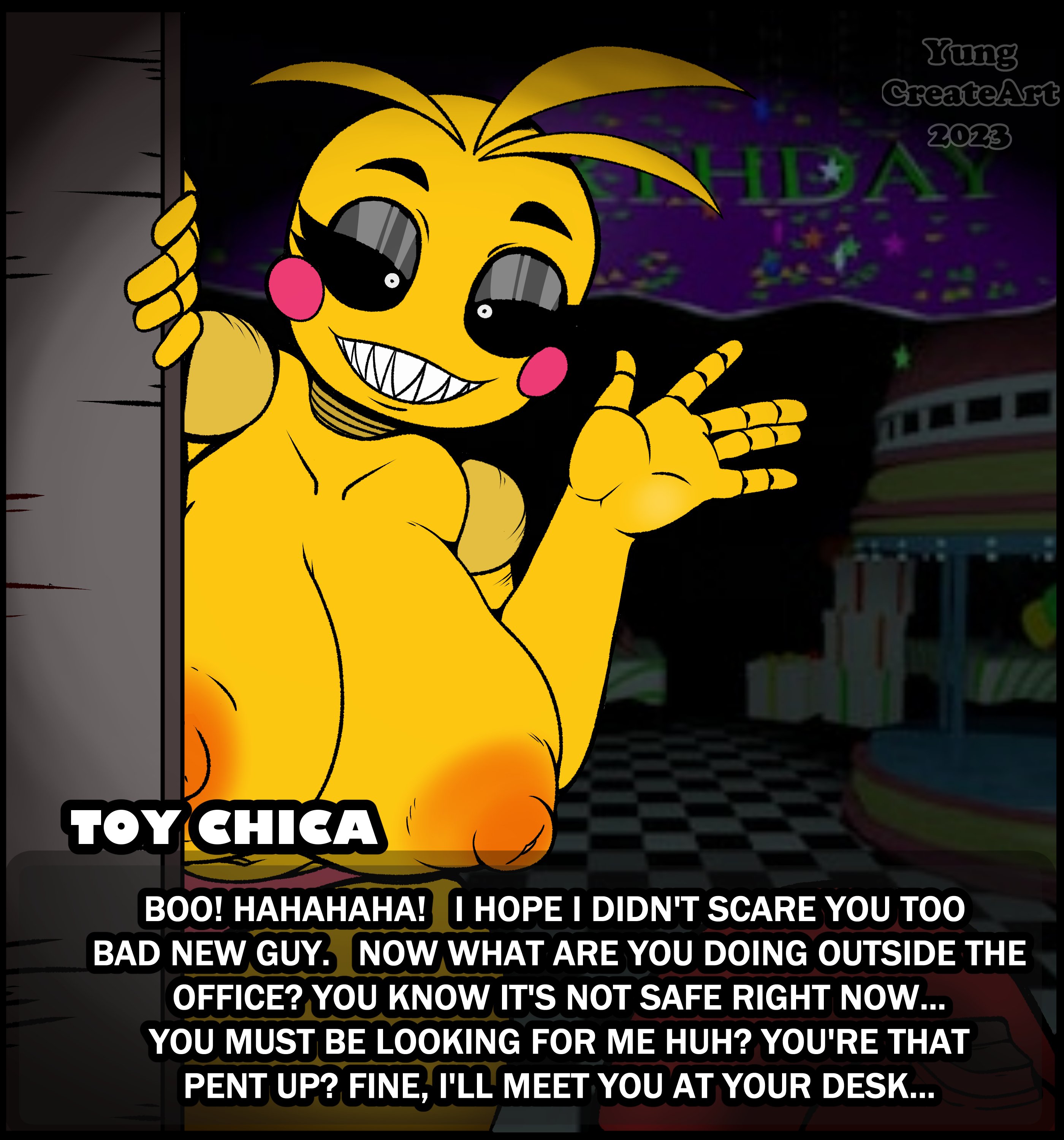 animatronic, big breasts, breasts, dialogue, english, english text, eyelashes, female, five nights at freddy's, five nights at freddy's 2, flashlight, fnaf2 location, nipples, panties, sharp teeth, solo, thick, thick thighs, thighs, toy chica (fnaf), yungcreateart