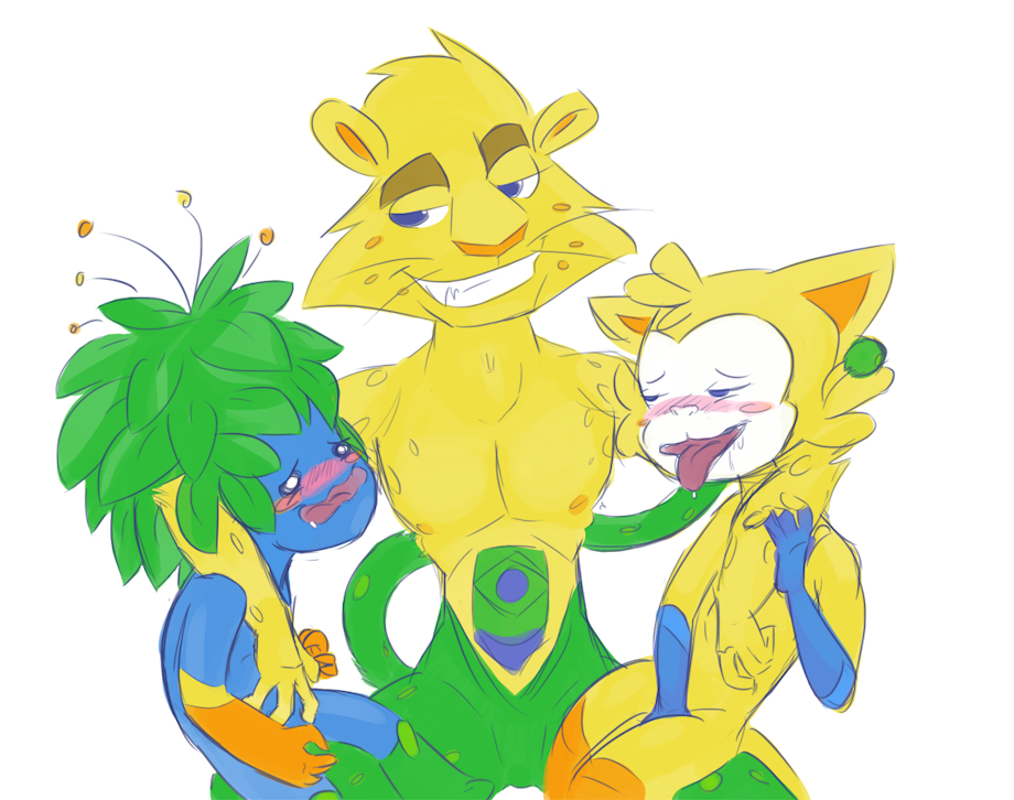 2016_rio_olympics 3boys blush drooling flora_fauna gay ginga ginga_(mascot) inkbunny low_effort low_res lowres male_only mascot mascots no_genitals no_sex olympics open_mouth rio_2016_olympics tom_(mascot) unknown_artist vinicius_(mascot)