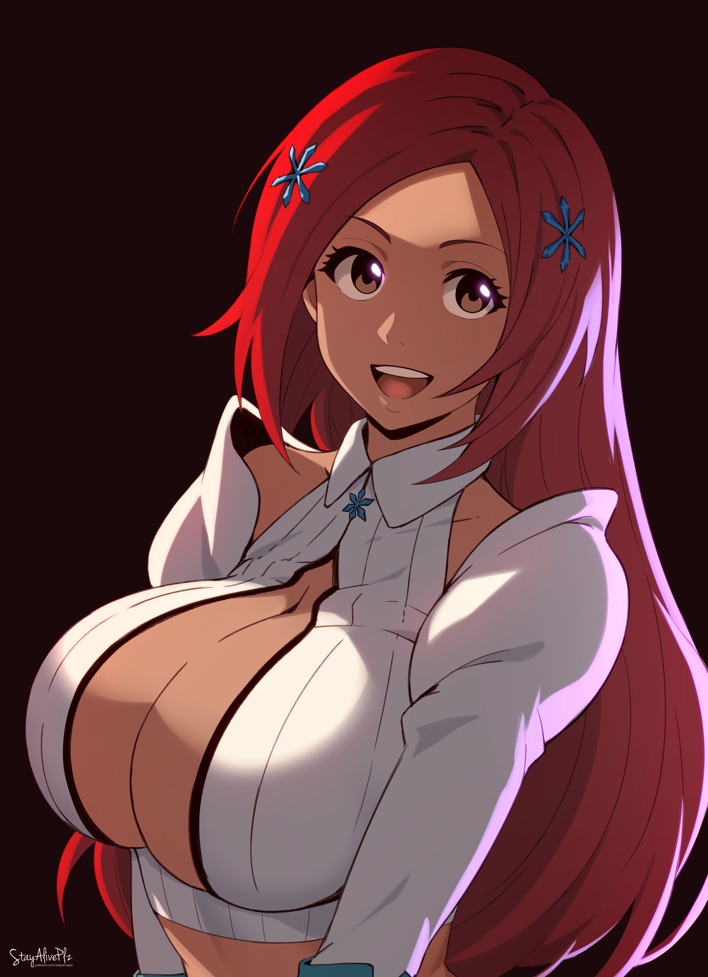 1girls, about to burst, barely contained, barely contained breasts, barely fits, big breasts, bleach, bleach: the thousand-year blood war, boob window, breasts, breasts too big, bursting breasts, cleavage, cleavage cutout, clothed, clothing, dress, female, female focus, female only, imminent wardrobe malfunction, inoue orihime, long hair, orange hair, solo, stayaliveplz, straining clothing, tagme, tight clothes, tight clothing, tight fit, too tight, undersized clothes, undersized clothing