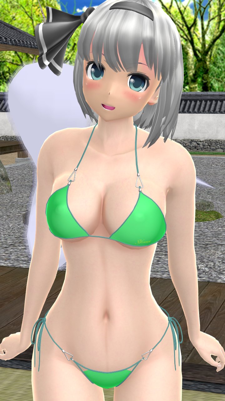 1girls 2023 3d belly_button bikini black_ribbon blue_eyes breasts cleavage ghost_girl green_bikini grey_hair_female hati_yukkuri_mmd headband indoors light-skinned_female looking_at_viewer mmd short_hair_female solo_female solo_focus swimsuit touhou waist wisp youmu_konpaku