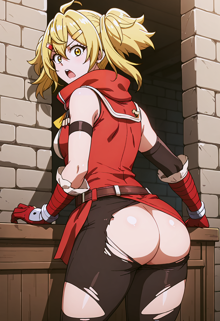 1girls ai_generated ass ass bare_ass blonde_hair exposed_ass looking_back oikatzo rear_view ripped_clothing ripped_pants shangri-la_frontier shocked solo torn_clothes yellow_eyes