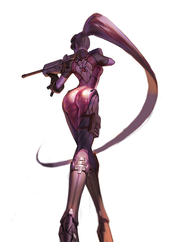 1girls, 2016, 2d, 2d (artwork), aiming, ass, assassin, back view, blizzard entertainment, bodysuit, clothed, clothed female, et.m, facing away, female, female only, from behind, full body, gun, long hair, overwatch, ponytail, purple skin, questionable, rifle, shiny, shiny clothes, shoulder blades, simple background, sniper rifle, solo, solo female, standing, tied hair, very long hair, viewed from below, weapon, white background, widowmaker
