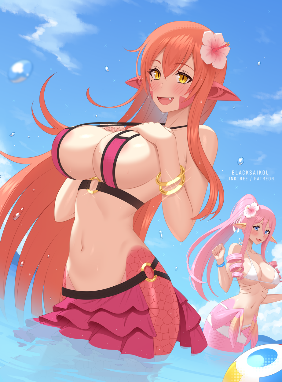 2girls amber_eyes areola_peek areolae_peeking belly_button big_breasts bikini bikini_top blacksaikou blue_eyes blush bracelet bracelets breasts duo female female_only flower flower_in_hair hair hourglass_figure lamia large_breasts long_hair looking_at_viewer mermaid meroune_lorelei midriff miia_(monster_musume) monster_girl monster_musume_no_iru_nichijou navel nipple_peek open_mouth open_smile partially_visible_nipples pink_hair red_hair smile smiling_at_viewer swimsuit tagme water