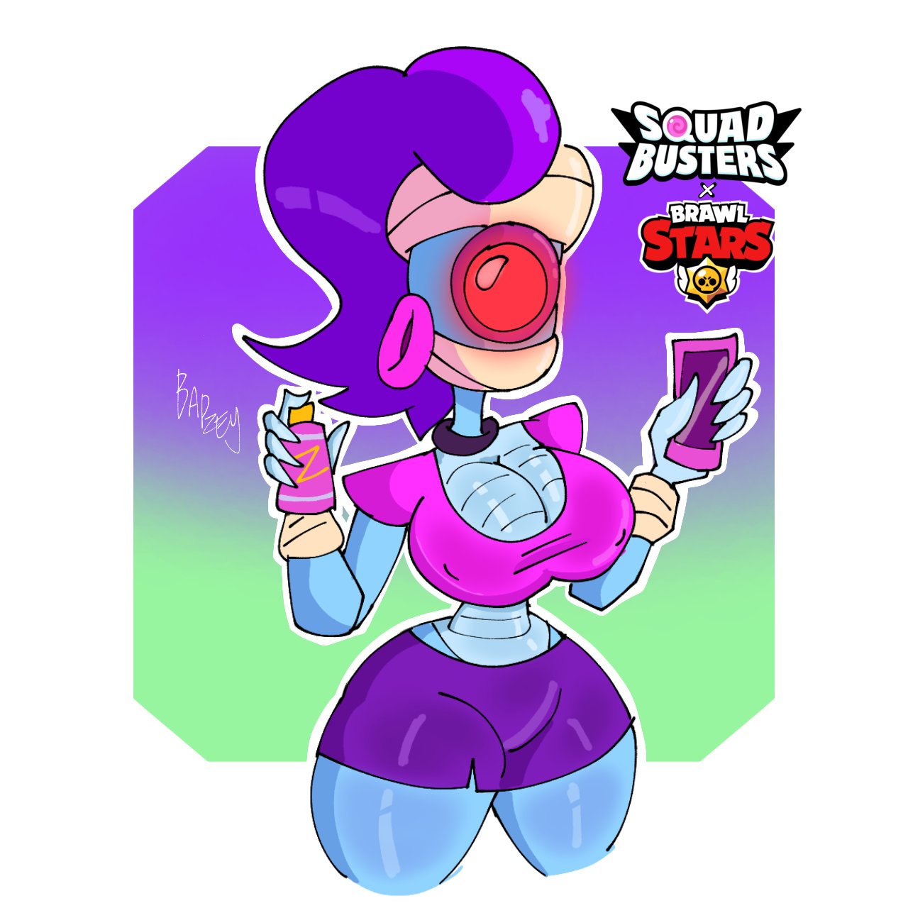 bapzey_bot bapzey_bot_(artist) big_breasts big_butt big_thighs botsitobapbap brawl_stars emz_(brawl_stars) fat_ass fat_bitch female_only metallic_body purple_hair red_eyes robot robot_girl robot_humanoid robotic sfw sfw_version_available solo solo_female squad_busters