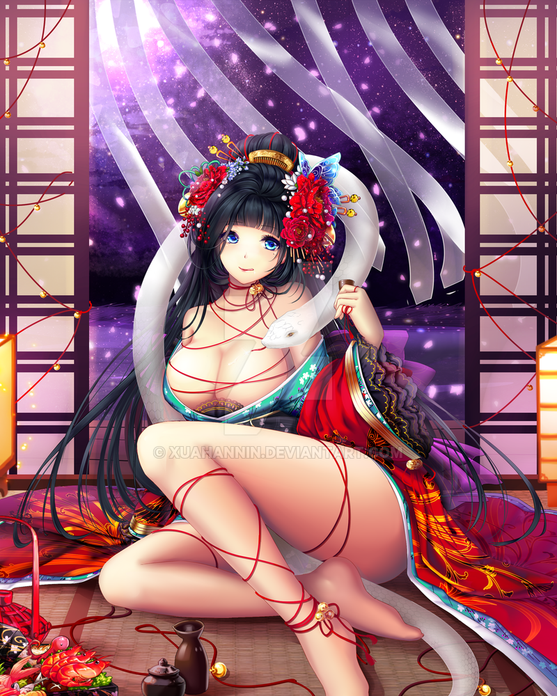 1girls animal barefoot bell black_hair blue_eyes breasts cleavage female female_only hair hair_ornament kimono large_breasts long_hair sake snake solo watermark xuahannin