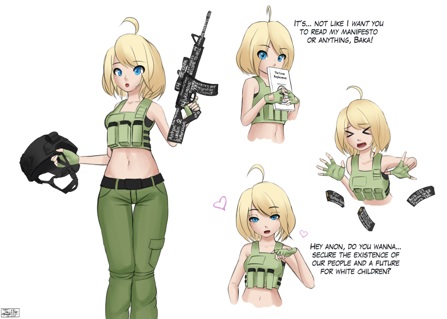 1girls based blonde_female blonde_hair blue_eyes breasts brenton brenton_tarrant clothed_female english_text female female_focus female_only female_soldier gesture gun heart-shaped_pupils hearts inviting_to_sex military military_hat military_uniform nazi neo-nazi racist racist_woman rule63 rule_63 sfw slim slim_female suggestive suggestive_gesture suggestive_look tarrent terrorist text the_great_replacement the_great_replacement_book weapon