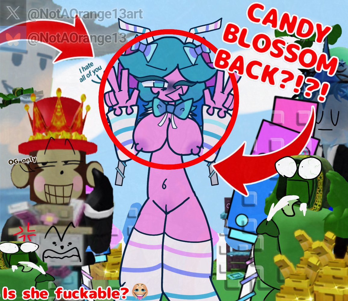 1girl, 1girls, background, bean cultist (gag), blonde hair, blue eyes, boobs, breasts, candy, candy blossom, candy girl, cum, cum in mouth, elder candy blossom, female, grow a garden, half naked, half nude, humanoid, jandel, meme, notaorange13 (artist), nude, one eye closed, penis, pink body, pussy, roblox, roblox avatar, roblox developer, roblox game, robloxian, self upload, shitpost, shocked, shocked expression, shocked eyes, shocked face, socks, text, watermark