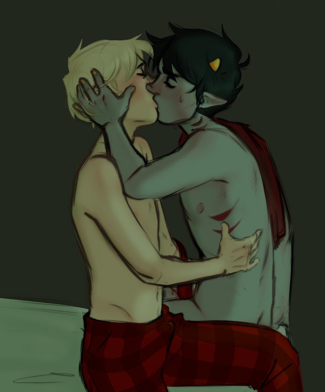 2boys alien alien_genitalia alien_humanoid alien_penis black_hair black_hair_male blonde_hair blonde_hair blonde_hair blonde_hair blonde_hair_male canon_couple color colored colored_skin dave_strider gay grey_skin grey_skin hermaphrodite hihih homestuck homestuck_troll horn horns humanoid karkat_vantas kissing kissing male male_focus male_only nude nude_male nudity pajamas partially_clothed partially_clothed_male scarf short_hair short_hair_male tentabulge tentacle topless troll yaoi