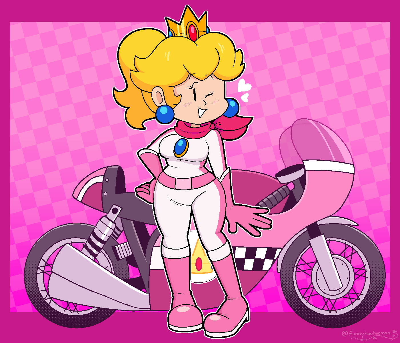 2023 5_fingers alternate_costume belt bike biker biker_clothes blonde blonde_female blonde_hair_female boots crown female female_only fully_clothed funnyhoohooman gem golden_crown hand_on_hip happy happy_expression happy_female human human_female human_only jewelry long_boots mario_(series) motorcycle nintendo not_porn pink_boots ponytail pose posing princess_peach scarf sfw tagme tiny_eyes wink winking winking_at_viewer