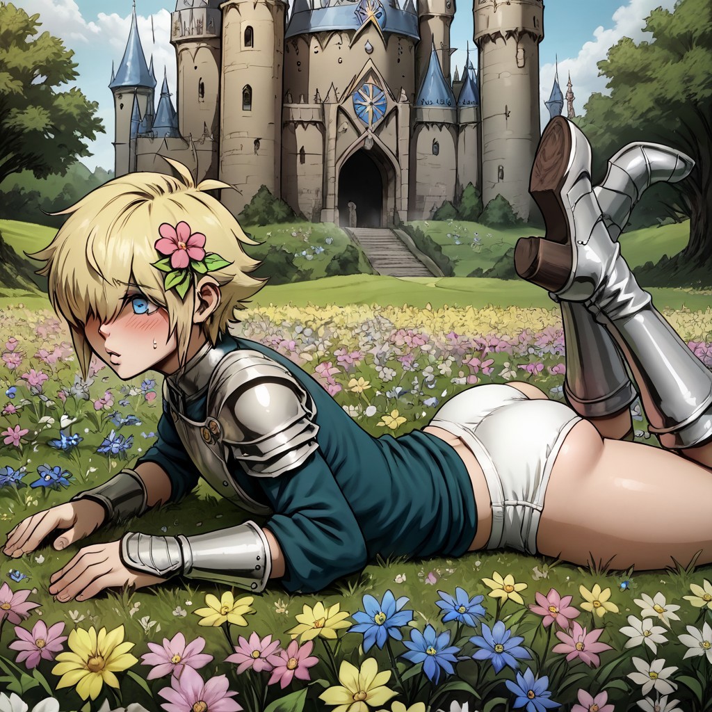 ai_generated ass basil_(omori) blonde_hair blue_eyes blush briefs castle femboy flower knight legs_up lying thick_thighs