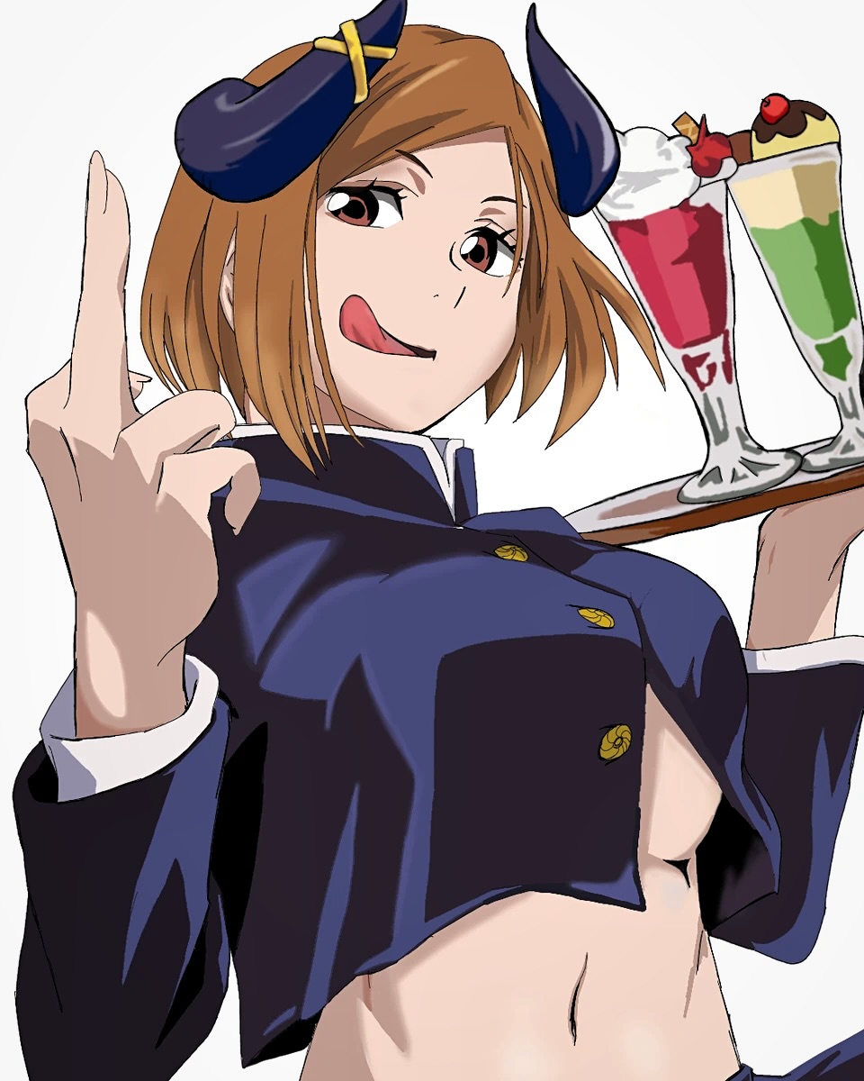 ai_generated big_breasts devil_girl devil_horns from_below halloween halloween_theme jujutsu_kaisen kugisaki_nobara looking_down_at_viewer middle_finger midriff mischievous naughty_face playful sassy serving_drink serving_food tongue_out underboob