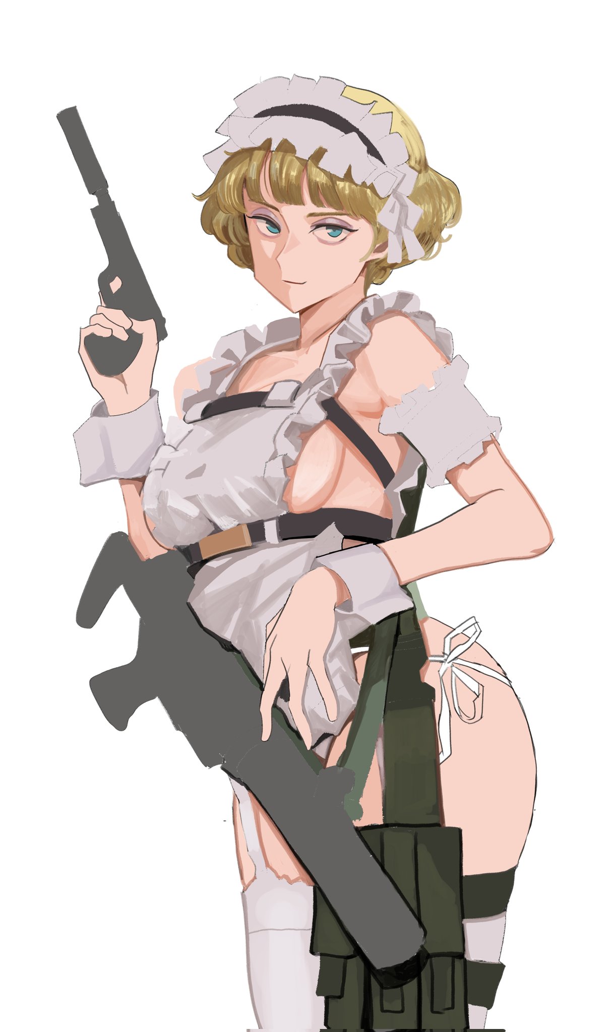 1girls, apron, blonde hair, blue eyes, breasts, clothing, desert rose, female, female focus, female only, firearm, frilled apron, garter belt, garter belt leggings, garter straps, gun, handgun, human, irene sanders, light skin, light-skinned female, looking at viewer, maid, maid apron, maid headdress, no bra, pale skin, rifle, rocket launcher, suppressor, thighs, wani (perfect han), weapon