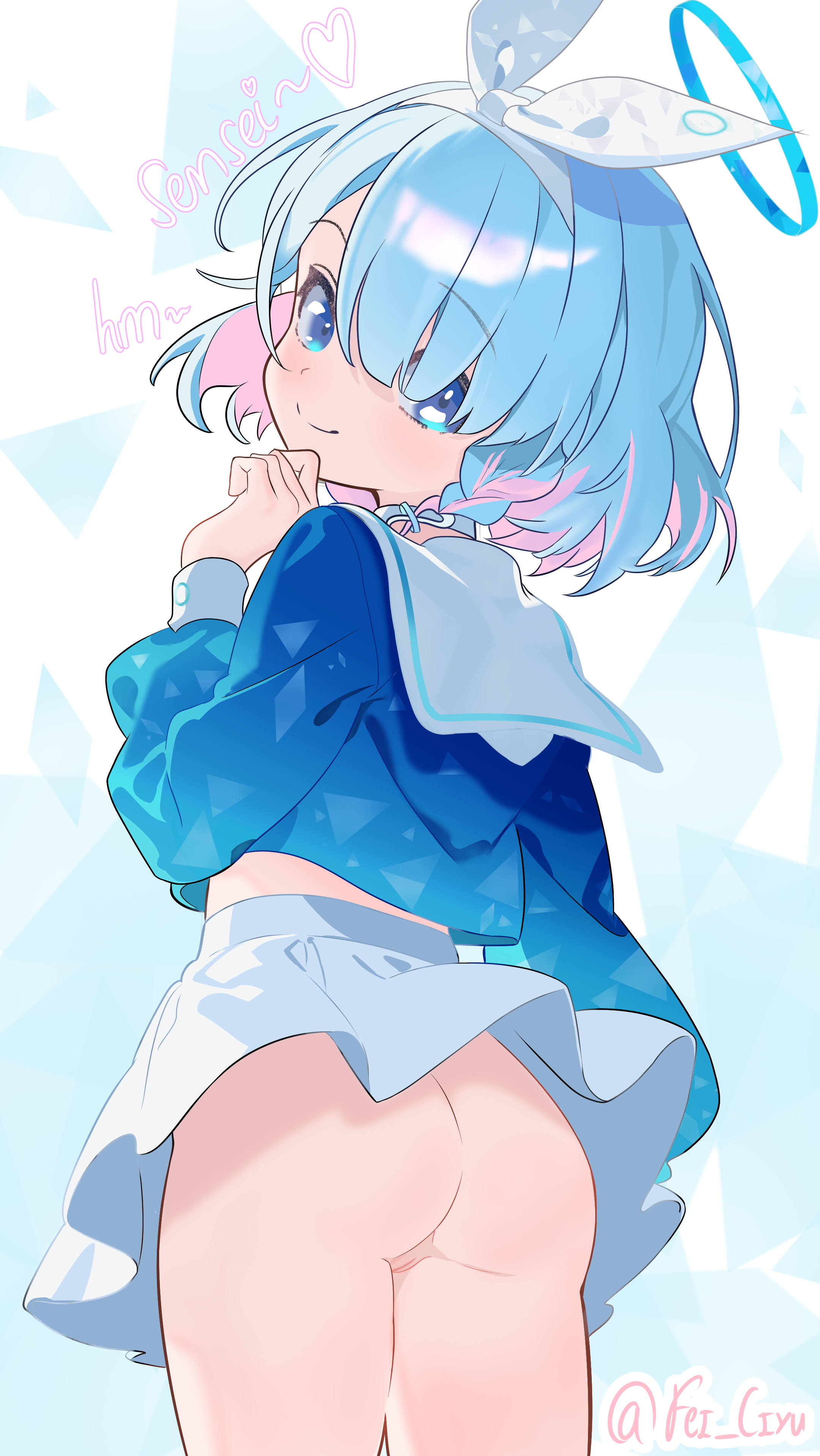 absurdres, arona (blue archive), artist name, ass, blue archive, blue eyes, blue hair, blue halo, blue shirt, bow, bow hairband, braid, cleft of venus, closed mouth, colored inner hair, commentary, english commentary, fei ciyu, female, from behind, hairband, hairbow, halo, heart, highres, long sleeves, looking at viewer, looking back, miniskirt, multicolored hair, no panties, pink hair, pleated skirt, puffy long sleeves, puffy sleeves, pussy, sailor collar, sailor shirt, school uniform, serafuku, shirt, side braid, signature, single braid, skirt, smile, solo, twitter username, two-tone hair, white bow, white hairband, white sailor collar, white skirt